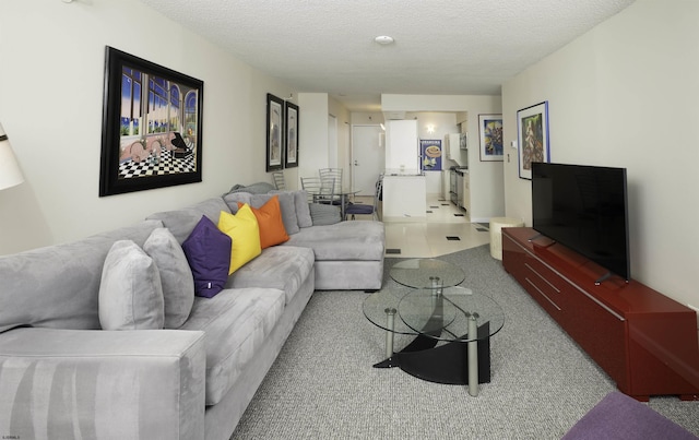 carpeted living room with a textured ceiling