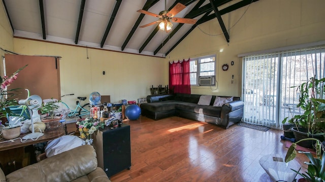 living room featuring hardwood / wood-style floors, high vaulted ceiling, cooling unit, ceiling fan, and beam ceiling