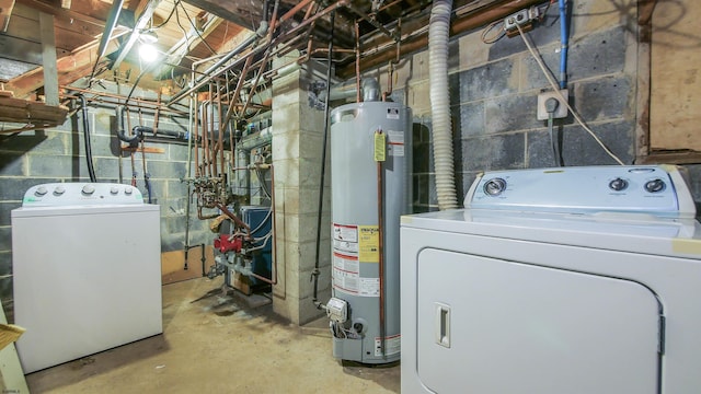 laundry area with washing machine and clothes dryer and water heater