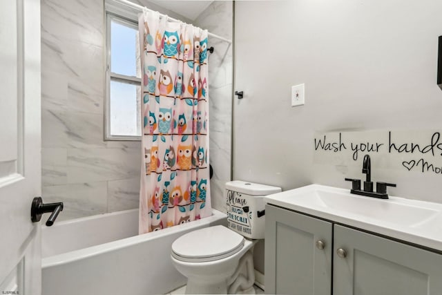 full bathroom with vanity, toilet, and shower / bathtub combination with curtain