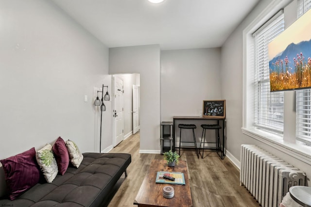 living room featuring radiator, a wealth of natural light, and hardwood / wood-style floors