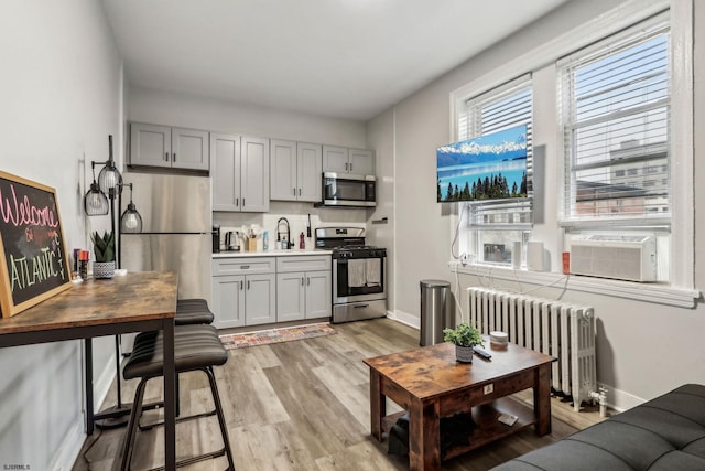 kitchen featuring sink, appliances with stainless steel finishes, radiator, light hardwood / wood-style floors, and backsplash