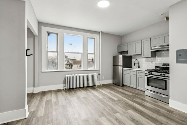 kitchen with radiator, sink, gray cabinetry, stainless steel appliances, and tasteful backsplash