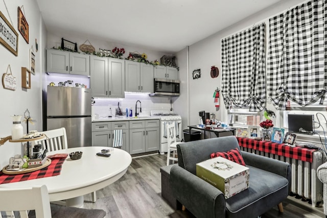 kitchen featuring appliances with stainless steel finishes, sink, gray cabinetry, decorative backsplash, and light hardwood / wood-style floors