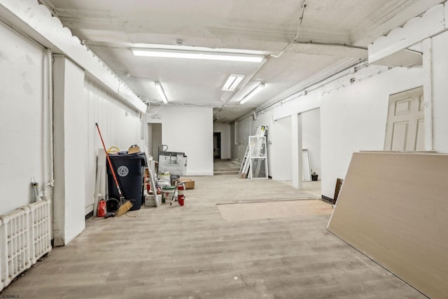 basement with light hardwood / wood-style flooring