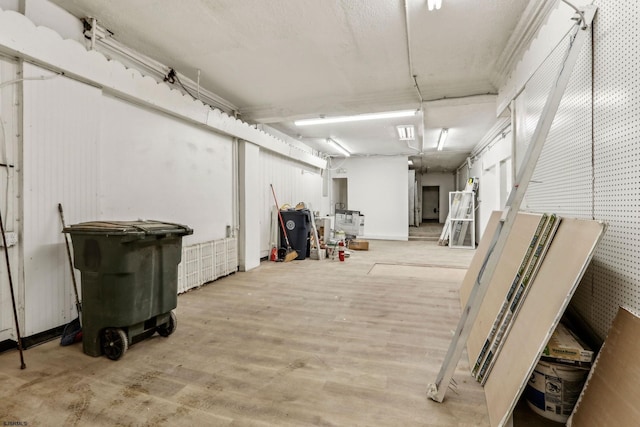 basement with light hardwood / wood-style floors