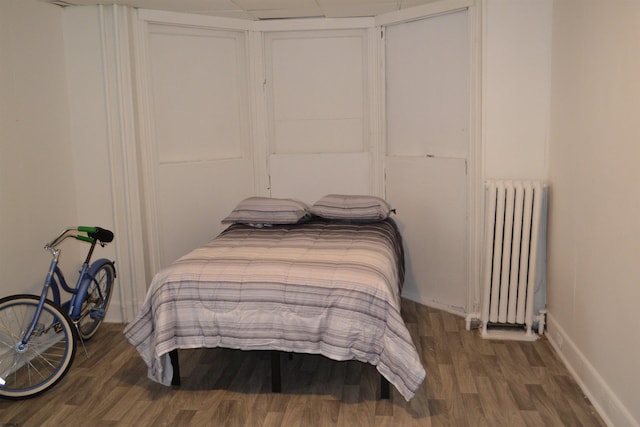 bedroom featuring radiator and dark wood-type flooring