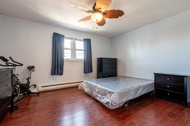 bedroom featuring dark hardwood / wood-style flooring, ceiling fan, and baseboard heating