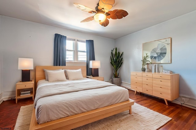 bedroom with ceiling fan and dark hardwood / wood-style flooring