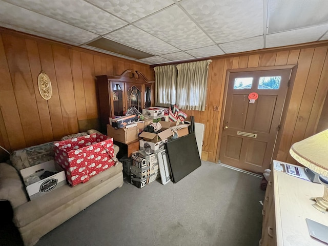 interior space featuring wood walls