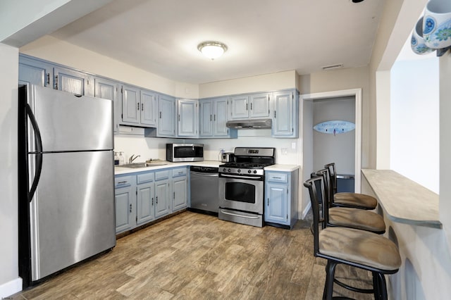 kitchen with hardwood / wood-style floors, stainless steel appliances, and sink