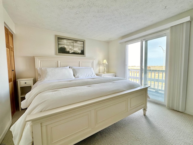 bedroom featuring access to outside, light colored carpet, and a textured ceiling