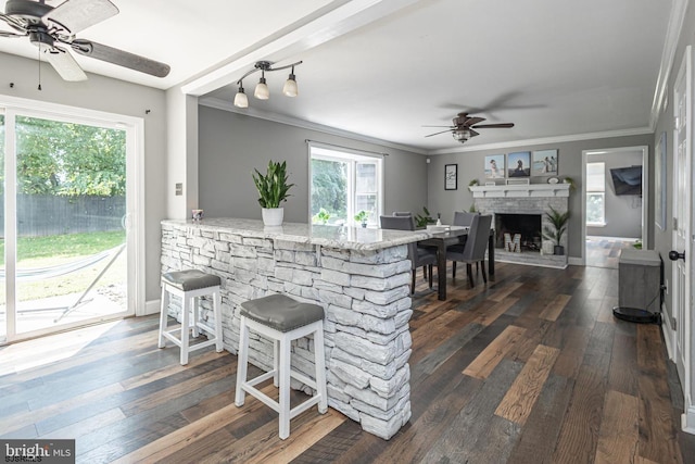 kitchen with dark wood-type flooring, light stone counters, ornamental molding, ceiling fan, and a fireplace