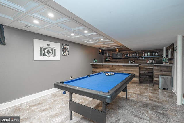 recreation room featuring bar, pool table, and coffered ceiling