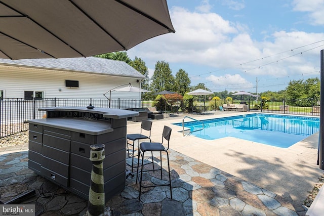 view of swimming pool featuring a patio and exterior bar