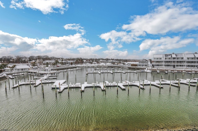 property view of water with a dock