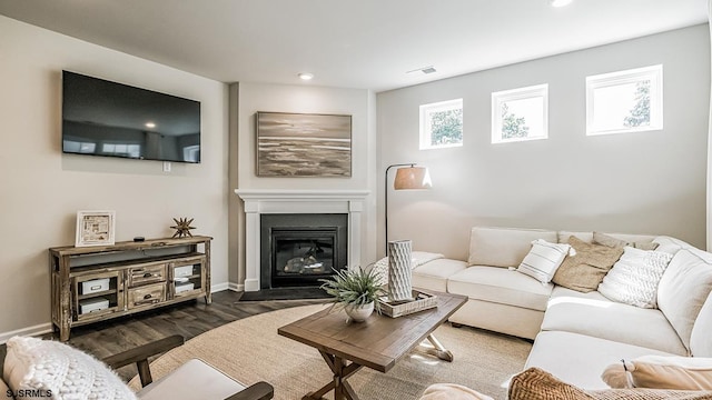 living room with dark hardwood / wood-style flooring