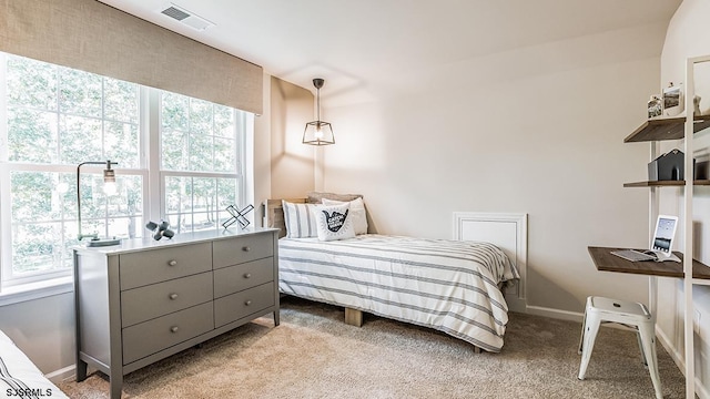 carpeted bedroom featuring multiple windows