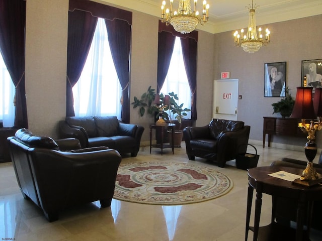 living room featuring ornamental molding, a wealth of natural light, and an inviting chandelier