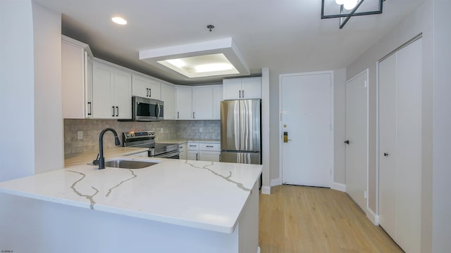 kitchen with appliances with stainless steel finishes, sink, white cabinets, kitchen peninsula, and light wood-type flooring