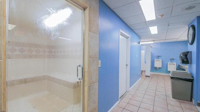 3101 Boardwalk Unit 1512-2, Chelsea Heights, NJ 08401 - bathroom with walk in shower, tile patterned flooring, and a drop ceiling