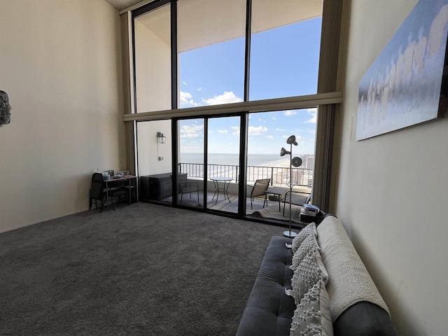 unfurnished living room featuring a water view, carpet floors, a towering ceiling, and a wall of windows