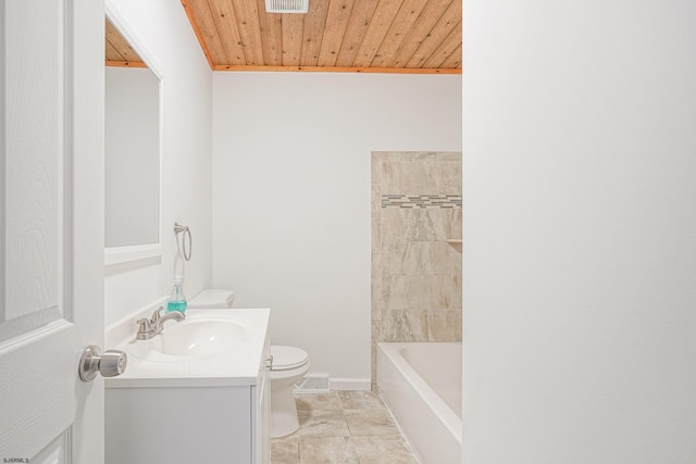 bathroom featuring vanity, toilet, and wooden ceiling