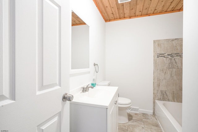 bathroom featuring vanity, wood ceiling, and toilet