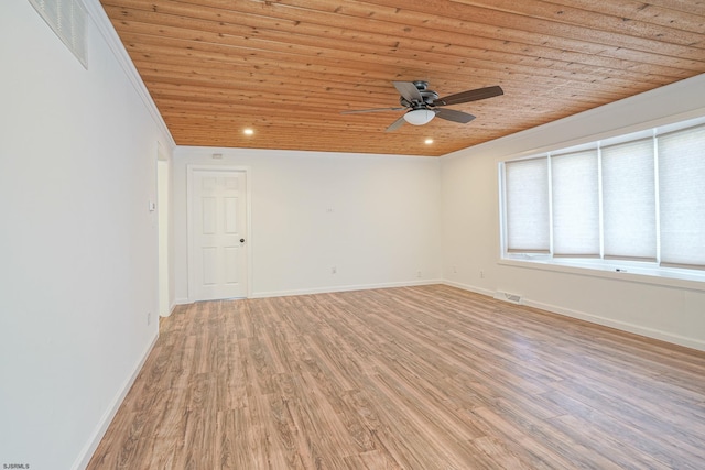 unfurnished room with ceiling fan, ornamental molding, light hardwood / wood-style floors, and wood ceiling