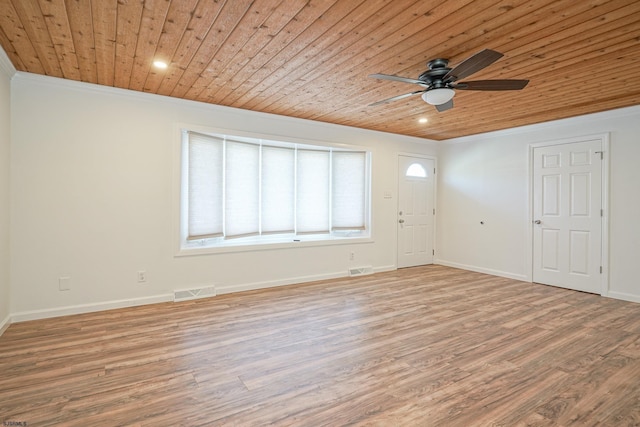 spare room featuring ceiling fan, ornamental molding, wooden ceiling, and light hardwood / wood-style floors