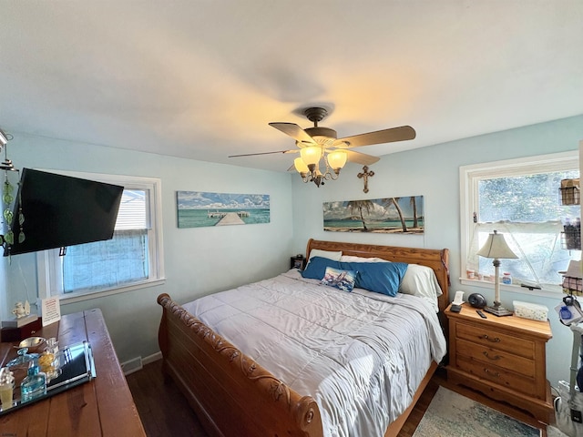 bedroom featuring ceiling fan and wood-type flooring