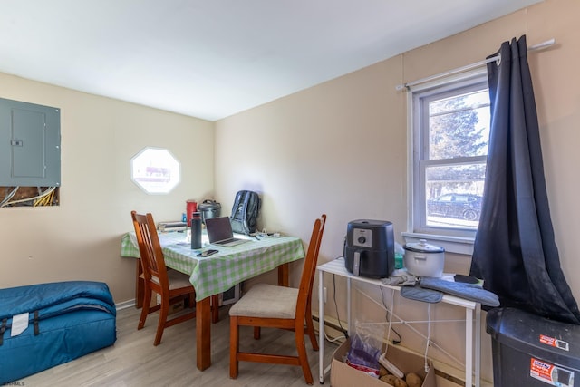 dining room with electric panel and wood-type flooring