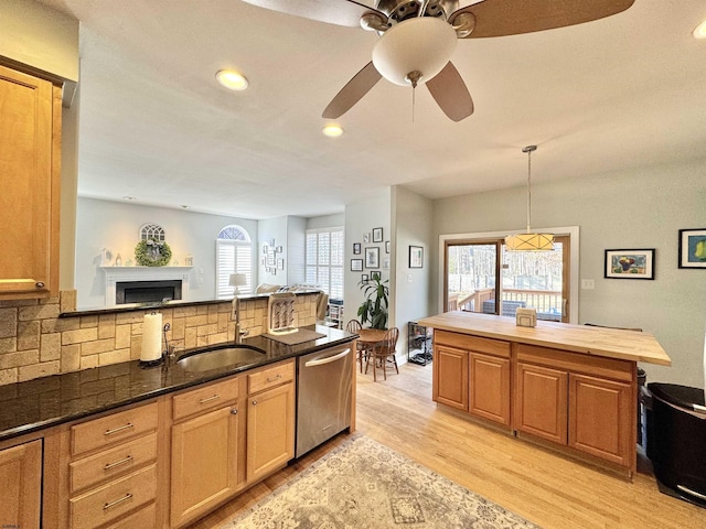 kitchen featuring hanging light fixtures, light hardwood / wood-style flooring, sink, stainless steel dishwasher, and tasteful backsplash