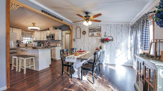 dining area featuring dark hardwood / wood-style flooring, ornamental molding, sink, and ceiling fan