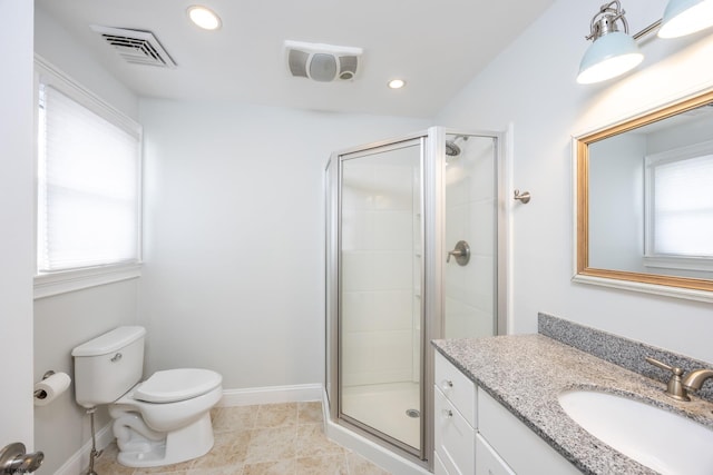 full bathroom featuring a stall shower, visible vents, and a healthy amount of sunlight