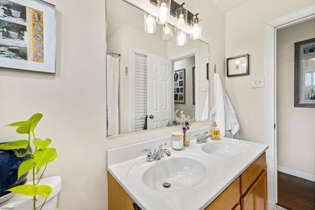 full bathroom with a sink, baseboards, and double vanity