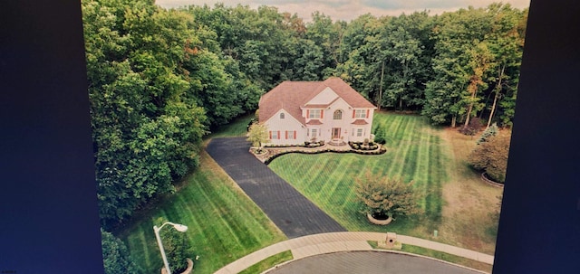 drone / aerial view featuring a view of trees