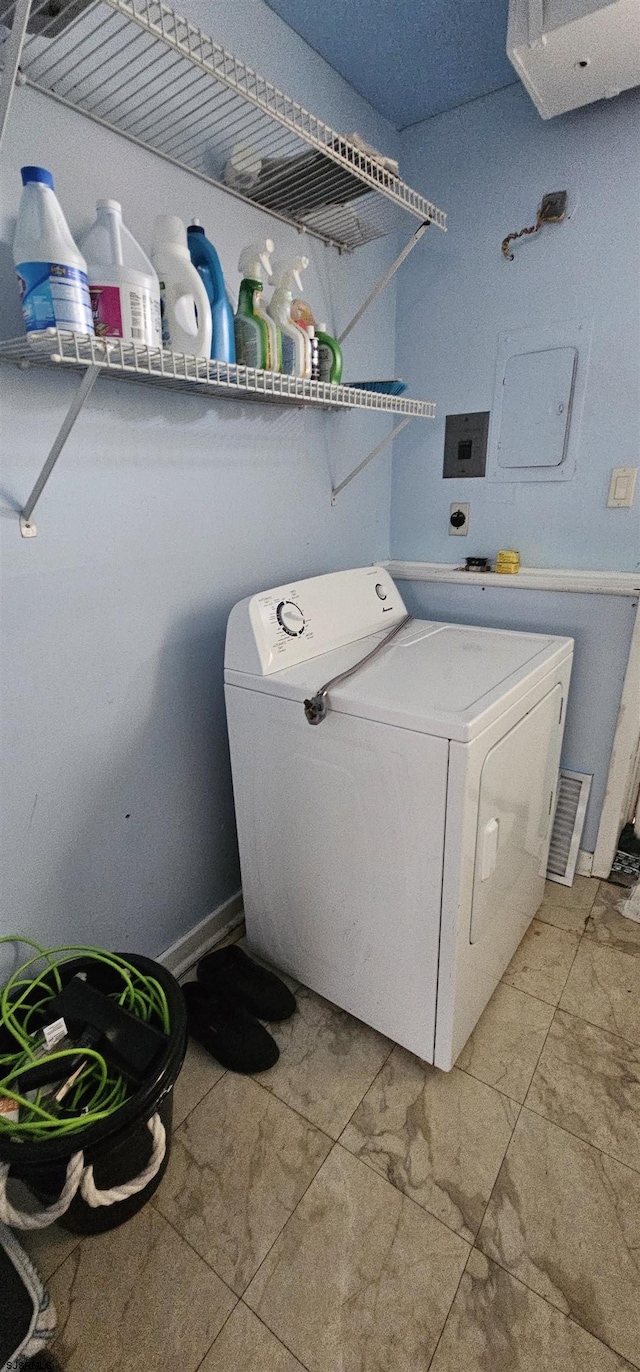 laundry area featuring marble finish floor, laundry area, visible vents, and washer / dryer