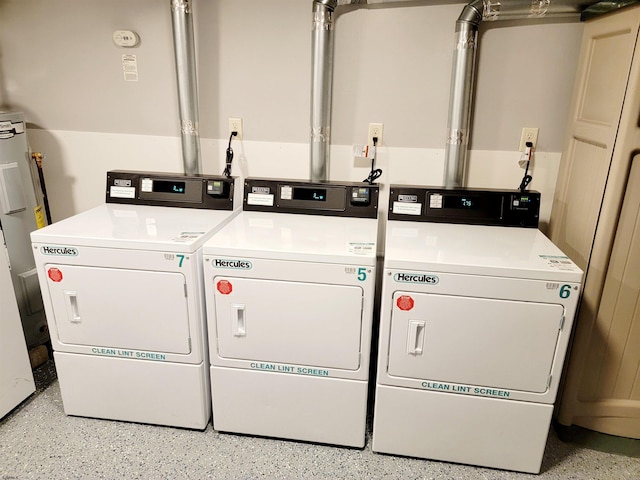 community laundry room featuring water heater and washing machine and dryer