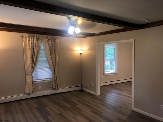 unfurnished room with beamed ceiling, baseboard heating, and dark wood finished floors