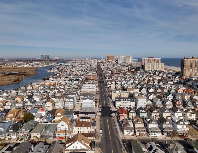 aerial view with a water view and a city view