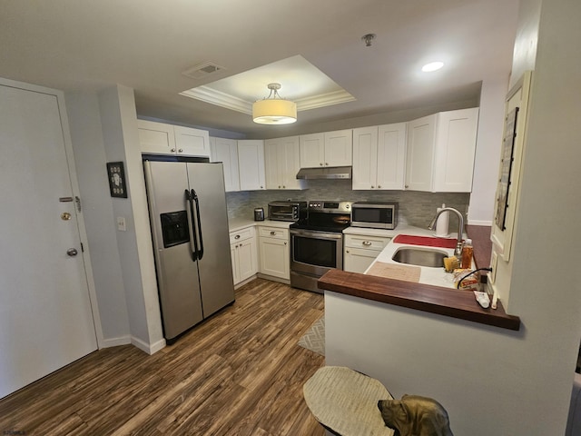 kitchen featuring white cabinetry, wood counters, appliances with stainless steel finishes, and a tray ceiling