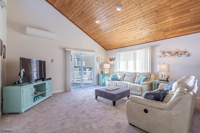 living room with a healthy amount of sunlight, wood ceiling, light carpet, and a wall mounted AC