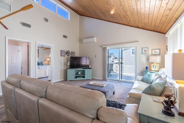 living area featuring wood ceiling, an AC wall unit, visible vents, and carpet flooring