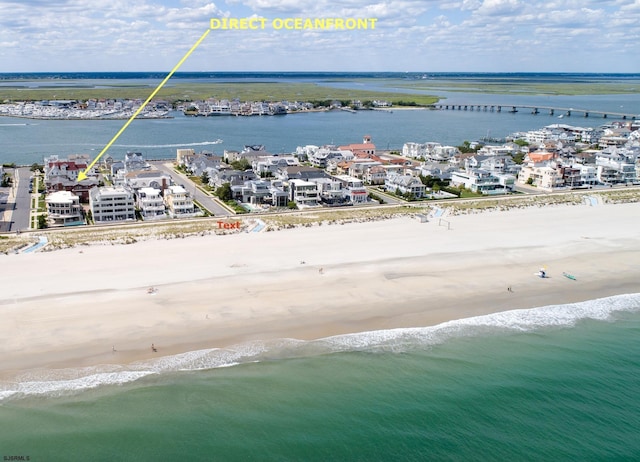 drone / aerial view with a water view and a view of the beach