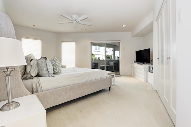 bedroom featuring a ceiling fan, recessed lighting, access to outside, and light carpet