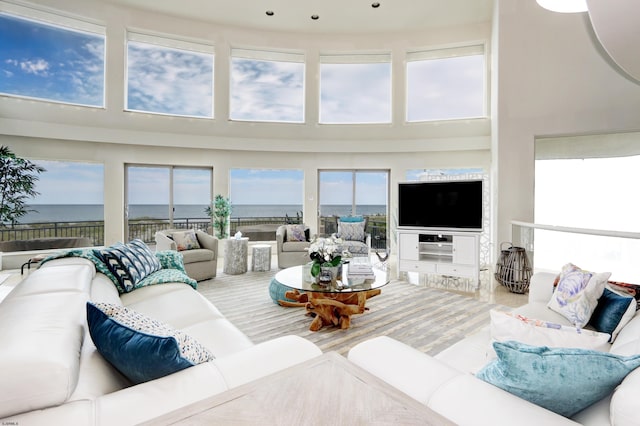 living room with a water view, a high ceiling, and a wealth of natural light