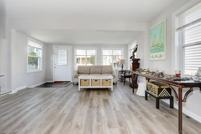 interior space featuring light wood-style flooring, baseboards, and a wealth of natural light