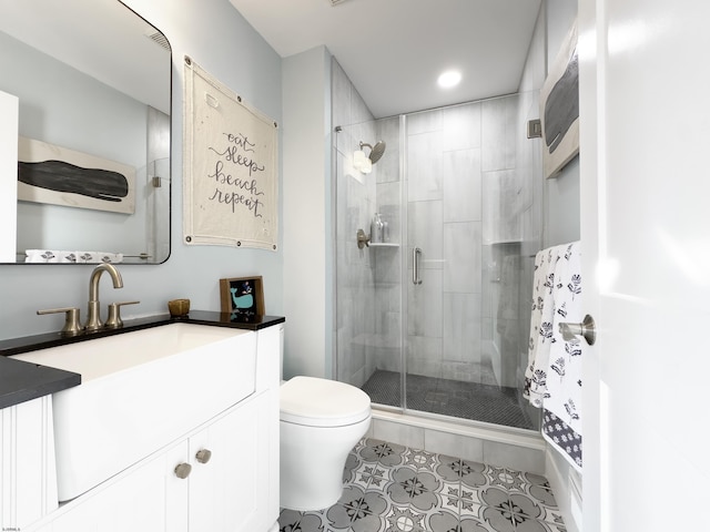 full bathroom with vanity, tile patterned flooring, a shower stall, and toilet