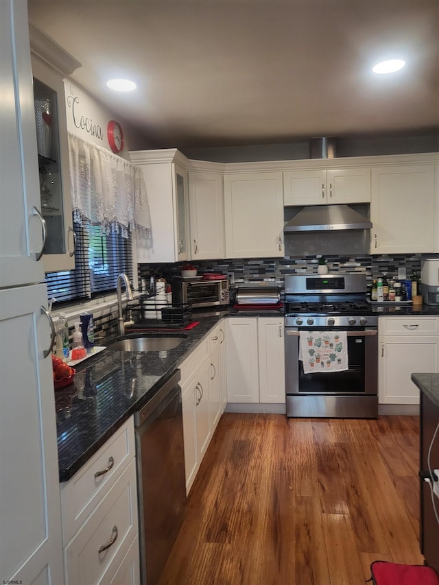 kitchen featuring under cabinet range hood, stainless steel appliances, a sink, white cabinets, and glass insert cabinets